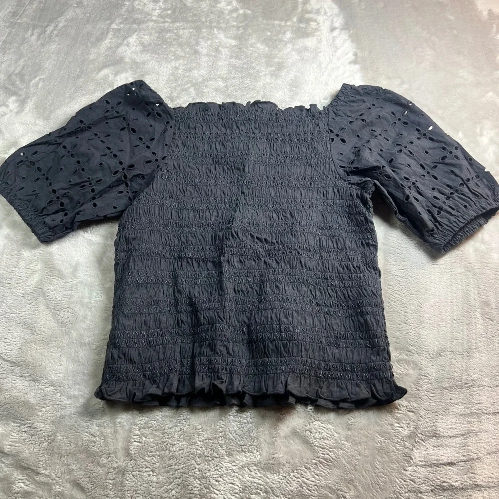 NWT Loft Women's S Smocked Eyelet Puff Sleeve Top Charcoal Grey 30162037